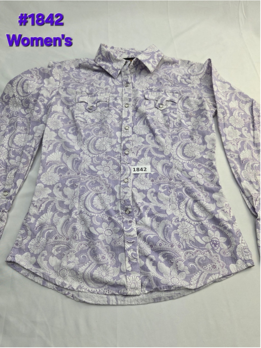 Ariat Women’s XS Pearl Snap Western Shirt Purple Paisley Fitted Cowgirl #1842